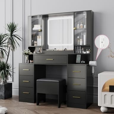 BORNOON Makeup Vanity with LED Light Strip Mirror and Chair, 7 Drawers & 2 RGB Cabinets Black Vanity Makeup Desk with Power Strip, Adjustable LED Lighting, and Cushioned Stool for Women, Girls, Teens - Image 1