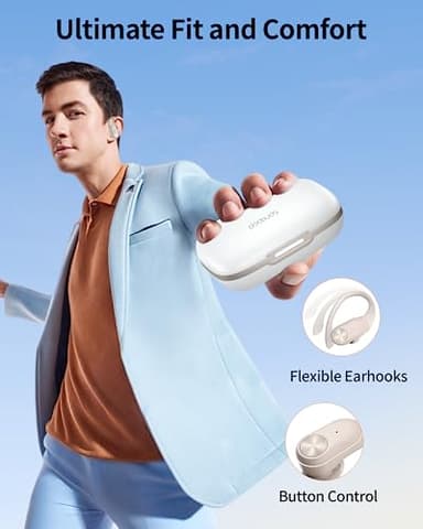 PocBuds Bluetooth Headphones Wireless Earbuds 80hrs Playtime Wireless Charging Case Digital Display Sport Ear Buds with Earhook Deep Bass IPX7 Waterproof Over-Ear Earphones for Phone Laptop Beige - Image 6