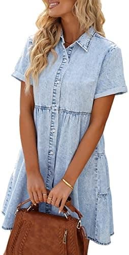 LookbookStore Women's Short Sleeve Button Down Flowy Tiered Babydoll Denim Dress - Image 4