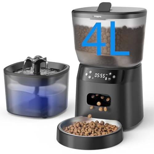 Automatic Cat Feeder and Water Fountain, 4L/16 Cups Timed Cat Dry Food Dispenser, 10s Meal Call, 20 Portions 6 Meals Per Day, 2L Cats Fountains for Drinking with Filter, Pet Feeder for Dog Black - Image 1