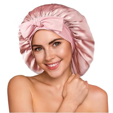 YFONG 100% 22 Momme Mulberry Silk Bonnet for Sleeping Women, Larger Double Layer Silk Hair Wrap for Curly Short Long Hair, Non-Slip Sleep Cap Turban with Elastic Tie Band for Hair Care, Pink - Image 1