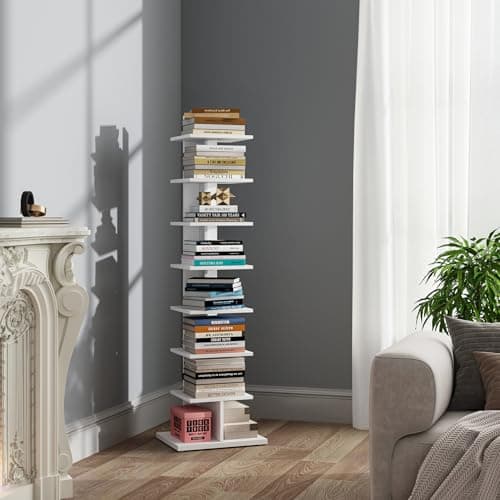 TUTOTAK Narrow Bookshelf, 8-Tier Bookcase, Spine Book Shelf for Small Space, Corner Standing Shelf for Living Room, Office, Study, Entryway, White BS06BW008 - Image 1