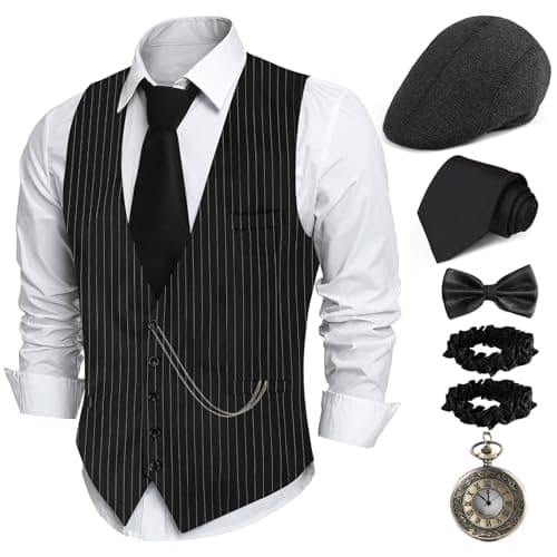 PARTTELY 1920s Mens Costume,Roaring 20s Costumes for Men,1920S Mens Outfit Accessories with Vest Hat Pocket Watch Tie Armband - Image 1