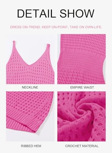 Dokotoo Bathing Suit Cover Ups for Women 2025 Trendy Summer Fashion Scoop Neck Sleeveless Spaghetti Straps Waist Crochet Hollow Out Knit Sexy Short Bikini Beach Dress Essentials Hot Pink Small - Image 3