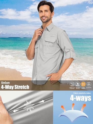 linlon Mens Safari Shirts Long Sleeve UV Protection Hiking Fishing UPF 50+ Quick Dry Cooling Camping Travel Shirts#5066-Light Grey-M - Image 8