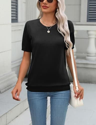 Zeagoo Womens Summer Short Sleeve Tops Crew Neck Lightweight Pullover Sweaters Loose Dressy Casual Blouse Black Clothes M - Image 2
