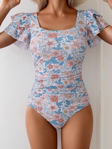 Eomenie Women's Tummy Control One Piece Swimsuit Ruffle Square Neck Bathing Suit Ruched Cutout Back Slimming Swimwear - Image 3