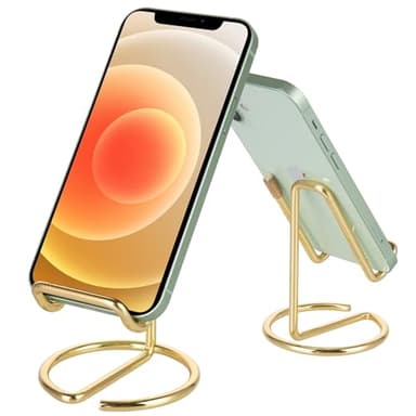 ROPOSY 2 Pack Cell Phone Stand for Desk, Cute Metal Gold Cell Phone Stand Holder Desk Accessories, Compatible with All Mobile Phones, iPhone, Switch, iPad - Image 1