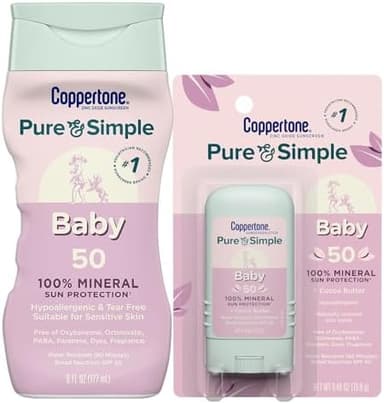 Coppertone Pure and Simple Baby Mineral Sunscreen Lotion SPF 50 (6 Fl Oz) + Baby Sunscreen Stick SPF 50 (0.49 Oz), Hypoallergenic and Fragrance Free - Image 3