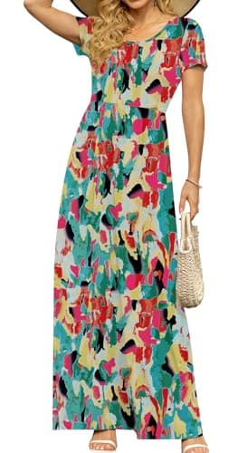 DB MOON Womens 2025 Casual Summer Plus Size Maxi Dresses Short Sleeve Empire Waist Long Dress with Pockets(Color Mix, 2XL) - Image 1