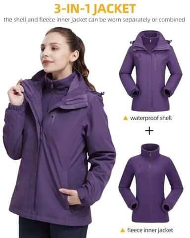 CAMEL CROWN Women's Waterproof Ski Jacket 3 in 1 Winter Coat Windbreaker Snowboard Jackets for Rain Snow Outdoor Hiking Dark Purple M - Image 3