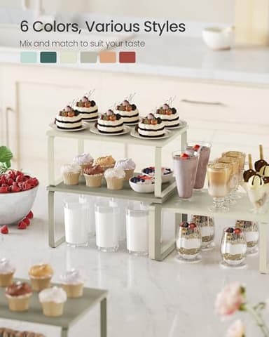 SONGMICS Cabinet Organizer Shelf, Set of 2 Kitchen Counter Shelves, Kitchen Storage, Spice Rack, Stackable, Expandable, Metal and Engineered Wood, Cream White UKCS002W02 - Image 4