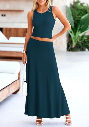 PRETTYGARDEN Women's 2 Piece Maxi Skirt Sets Casual Summer Knit Cropped Tank Top High Waisted Long Skirts Outfit (Lake Blue,Medium) - Image 4