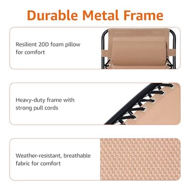 Amazon Basics Outdoor Patio Folding Reclining Lounge Rocking Chair with Pillow, Affordable Folding Chairs for Outside, Beige, 33.6 x 37.4 x 26 inch - Image 6