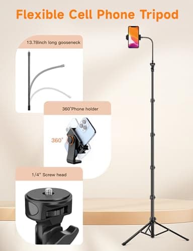Phone Tripod, 86" Tall Tripod for iPhone with Flexible Gooseneck & Remote, Portable Aluminum Cellphone Stand for Selfies, Video Recording,Travel, Compatible with iPhone Android - Image 7