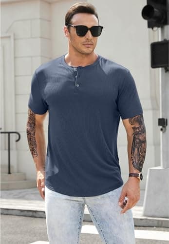 JMIERR Mens Muscle Slim Fit Button Henley Shirts Summer Crewneck Short Sleeve Longline Fitted T-Shirt Gym Workout Athletic Tees Shirt for Men, L, Blue1 - Image 7
