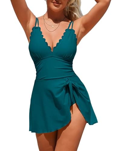 Charmo One Piece Swim Dress Swimsuits for Women Tummy Control Swimdress Skirt Bathing Suit Scalloped Swimwear Strong Blue M - Image 1