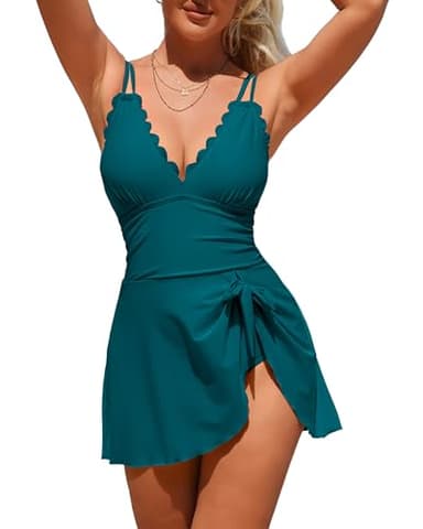 Charmo One Piece Swim Dress Swimsuits for Women Tummy Control Swimdress Skirt Bathing Suit Scalloped Swimwear Strong Blue M - Image 1