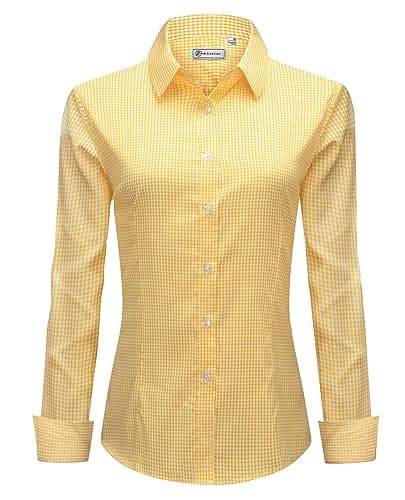 siliteelon Button Down Plaid Shirts for Women Long Sleeve Formal Work Dress Wrinkle Free Blouses Tops Yellow & White Plaid XX-Large - Image 1