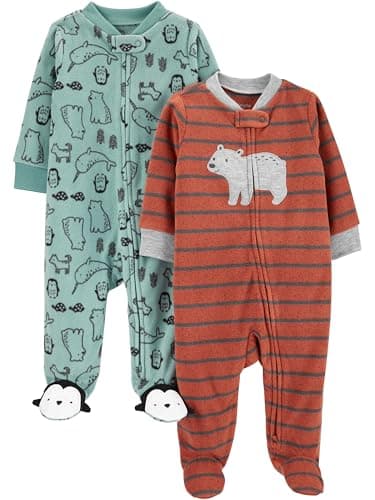 Simple Joys by Carter's Baby Boys' 2-Pack Fleece Footed Sleep and Play, Rust Stripe/Spruce Green Forest Animals, 0-3 Months - Image 1