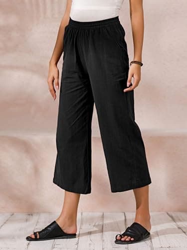 Womens Cotton Cropped Pants Loose Fit Wide Leg Capri Casual Plus Size Elastic Waist Trousers Black 2XL - Image 2