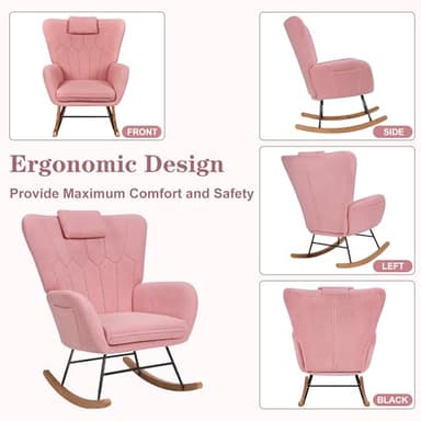 VECELO Rocking Chair Nursery with Thick Headrest, Modern Teddy Upholstered Reading Glider Rocker Accent Armchair with High Backrest, Padded Seat, Side Pocket, for LivingRoom, Bedroom, Baby Room, Pink - Image 5