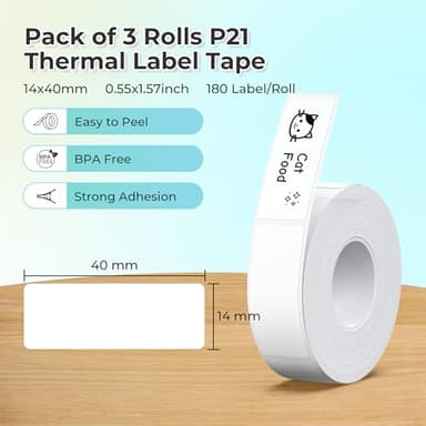NELKO Genuine P21 Label Maker Tape, Adapted Label Print Paper, 14x40mm (0.55"x1.57"), Standard Laminated Office Labeling Tape Replacement, Multipurpose of P21, 180 Labels/Roll, 3-Roll, White - Image 2