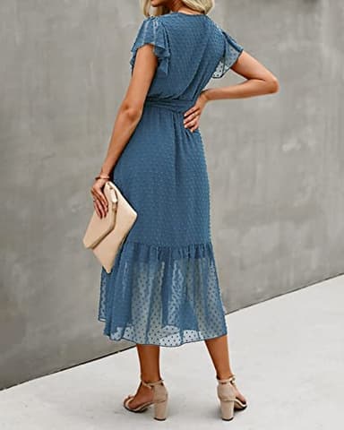 BTFBM Women Summer Bohemian Floral Casual Wrap V Neck Ruffle Cap Sleeveless Belt A-Line Pleated Hem Swing Midi Sun Dress (Swiss Dot Grey Blue, l) - Image 5