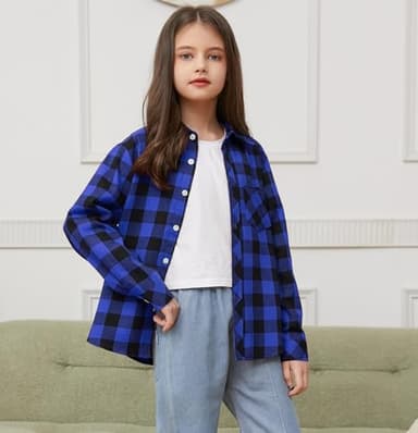 SANGTREE Girls Plaid Shirts Long Sleeve Button Down Flannel Shirts Buffalo Blue, 8-9 Years = Tag 150 - Image 5