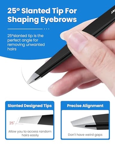 Expert Slant Tip Tweezers with Leather Case, GlamTweeler Sharp & Precision Stainless Steel Tweezer for Eyebrows, Facial Hair and Fine Hairs Removal (Black) - Image 3