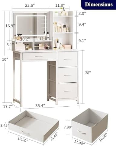 Kitsure Vanity Desk with Mirror & Lights – White Makeup Vanity Table with Large Storage, 4 Fabric Drawers & 3 Lighting Modes, Sturdy Metal Frame Vanity Set for Bedroom, 35.1" x 17.2" x 52.1" - Image 4