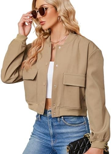 Zando Bomber Jacket Women 2026 - Short Cropped Jacket Women Button Down Long Sleeve Casual Varsity Jackets with Pockets - Image 2