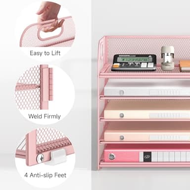 5 Tray Paper Organizer Letter Tray with Handle - Mesh Desk File Organizer, Paper Sorter Organizer for Office, Home or School File Folder Holder - Pink - Image 4