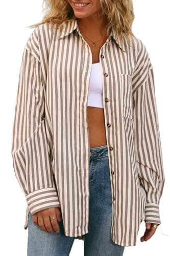 CHYRII Womens Striped Button Down Shirt Casual Long Sleeve Blouse Top Tan M - Image 1