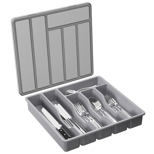 Lifewit Silverware Organizer with Lid, Covered Utensil Tray for Kitchen Drawer and Countertop, Plastic Cutlery and Flatware Storage Box for Spoons Forks Knives Holder Case, 6 Compartments, Gray - Image 1
