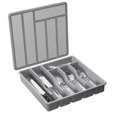 Lifewit Silverware Organizer with Lid, Covered Utensil Tray for Kitchen Drawer and Countertop, Plastic Cutlery and Flatware Storage Box for Spoons Forks Knives Holder Case, 6 Compartments, Gray - Image 1