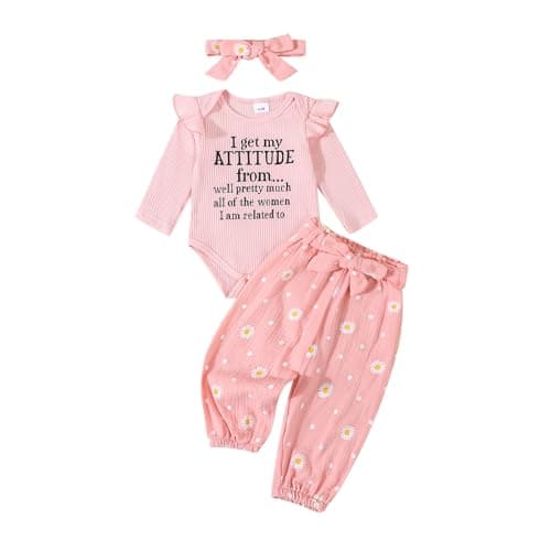 Kaipiclos Newborn Baby Girl Fall Outfits Letter Rib Knit Romper Daisy Belted Pants Headband Infant Clothes 0 3 6 12 18 Months (Pink, 12-18 Months) - Image 1