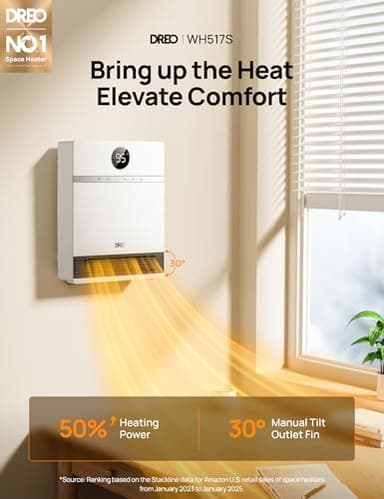 Dreo Smart Wall Heater, IP24 Electric PTC Space Heaters for Indoor Use, 30° Oscillation, Adjustable Thermostat, Remote Control, Works with Alexa, 24H Timer, Easy-mounted for Bedroom, Office, Home - Image 2