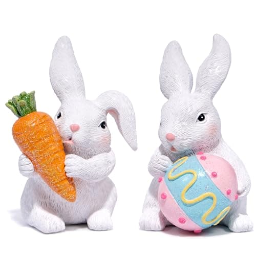 Hodao Easter Bunny Decoration Spring Rabbit Decor Gifts Handcrafted Resin Figurines Colorful and Charming Spring Decor for Home, Office, Holiday Celebrations (White) - Image 1