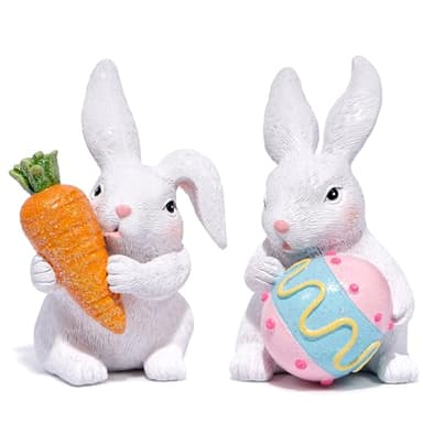Hodao Easter Bunny Decoration Spring Rabbit Decor Gifts Handcrafted Resin Figurines Colorful and Charming Spring Decor for Home, Office, Holiday Celebrations (White) - Image 1