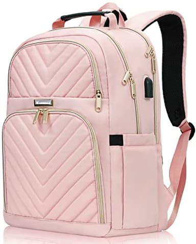 Kuosdaz Laptop Backpack for Women, Large School Backpacks for Girls,17.3 Inch Fashion Quilted College Bookbags with USB Charger, Pink Womens Travel Backpack - Image 1