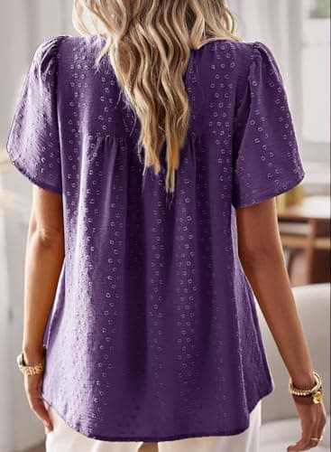 Falechay Boho Tops for Women Round Neck Tunic Tops for Women Loose Fit Dark Purple Shirts Pom Pom Swiss Dot Short Sleeve Summer Blouses Clothes L - Image 3