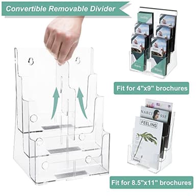 Acrylic Brochure Holder 8.5 x 11 inches, 3 Tier Clear Literature Holder with Removable Divider for Trifold 4 Inches Wide Pamphlet, Plastic Flyer Display Stand for Magazine, Document, Booklet - Image 2