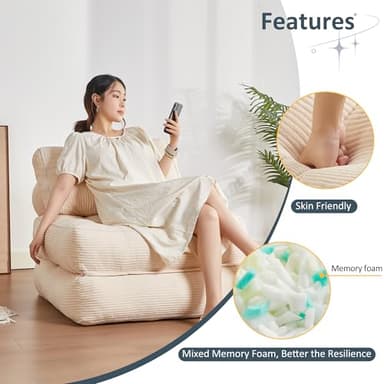 Afuson Folding Chair Bed, Futon Sofa, Floor Couch for Adults Chair for Living Room, Lounge Sofa, Convertible Sofa Bed, Small Couches for Small Spaces, Beige - Image 6