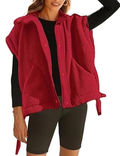 OPCAKM Women's Fuzzy Fleece Vest Oversized Sleeveless Sherpa Jacket Warm Button Down Gilet Outerwear with Pockets(Red-XS) - Image 1