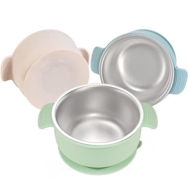 Bella's Friends Stainless Steel and Silicone Baby Bowls with Suction 3 Pack, 4.3” for Toddlers Kids Feeding, Non-Slip, Non-Toxic, Mess-Free, Dishwasher Safe, Fit High Chair Size, beige green blue - Image 1