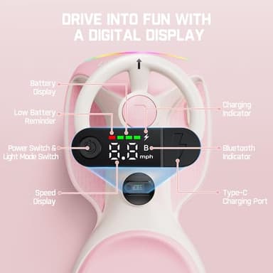 FanttikRide 12V N7 Ultra Electric Wiggle Car with Pedal, Kids Car, MagicMute Motor Swing Car, 2 Speeds, 9 Color Modes, Digital Display, Bluetooth, for Ages 3 and Up, 150 Lbs, Pinkish White - Image 6