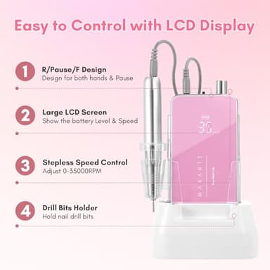 Makartt Nail Drill Professional: 60W 35000RPM Electric Nail File with Coreless Motor, 2 in 1 Desktop & Portable, Drill Bits and LCD Display for Acrylic Gel Nails, Nouvella Pink - Image 4