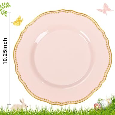 Hioasis 60pcs Pink Plastic Plates - Pink and Gold Disposable Dinnerware with Gold Rim, Heavy-duty, 10.25 inch, Dinner Plates for Party & Wedding - Image 3