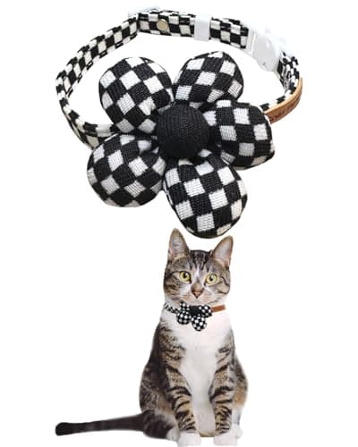 GoldTiger Stylish Black and White Checkered Cat Collar with Flower - Breakaway Safety Collar and Adjustable Size 7.09-12.6 inches for Small to Medium Cats (Black) - Image 1